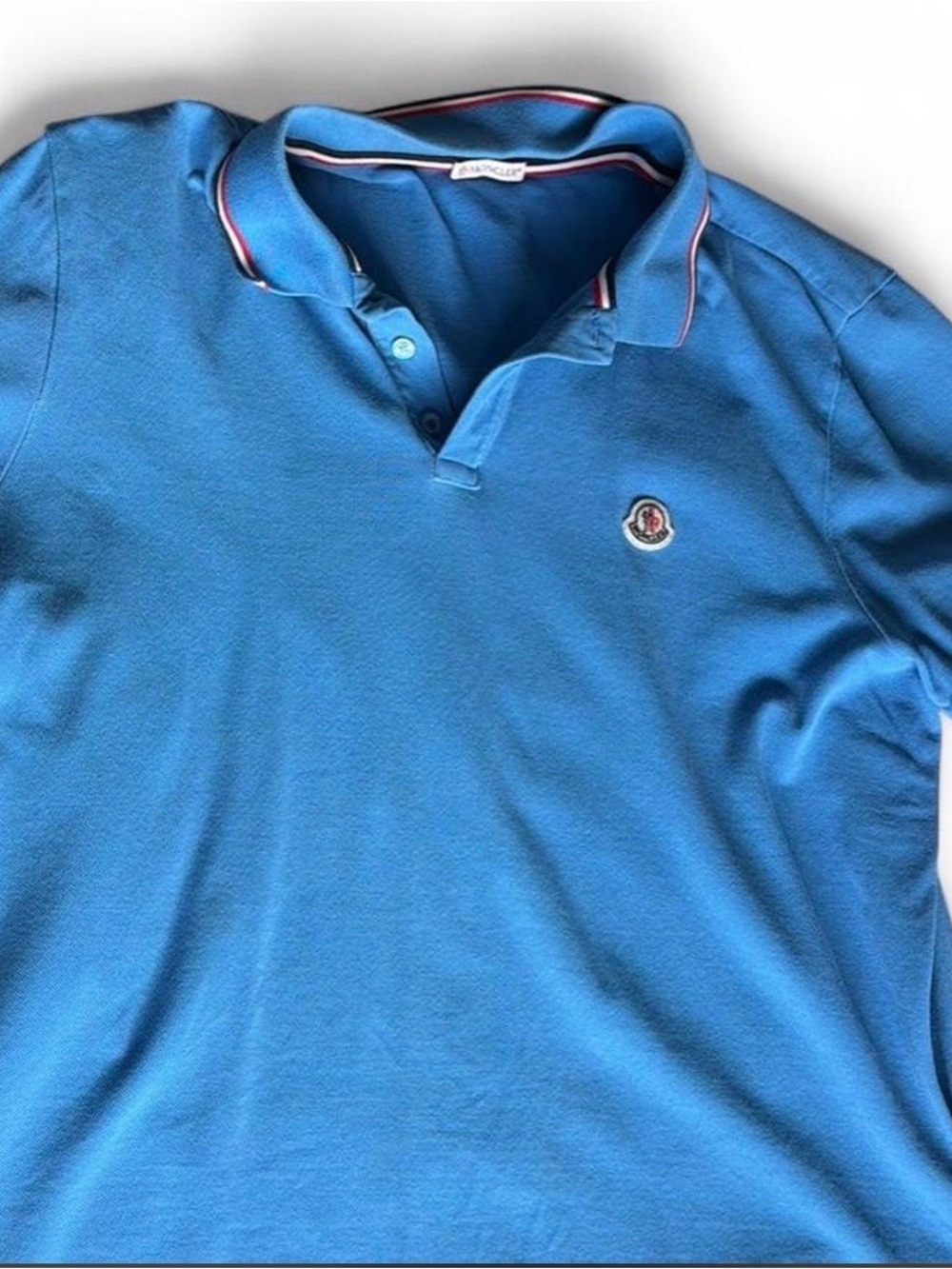 Moncler Bright Blue Polo with Tricolor Collar Trim
